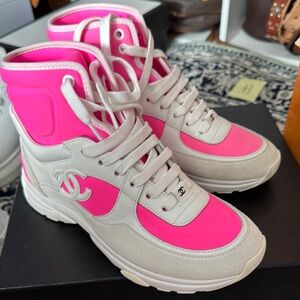 Chanel Pink and White High-Top Sneakers